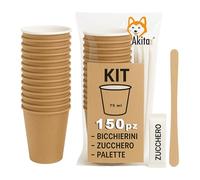 AKITAInk Set 150 Bicchierini Caffè 75ml in Carta + 150 Palettine in Legno + 150 Bustine Zucchero - Kit Monouso Riciclabile per Espresso, Bar, Ufficio, Asporto, Ristoranti, Casa