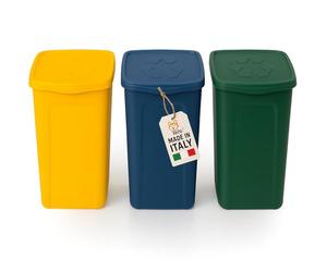 AKITAINK Set 3 contenitori Pattumiere da 50L - Totale 150 litri, per raccolta differenziata - Bidoni multicolore in plastica resistente, ideali per cucina, giardino e ambienti esterni - Made in Italy.