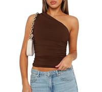 AKLOPVII Donne Una Spalla Increspato Crop Canotte Slim Fit Senza Maniche Asimmetrico Y2k Uscire Trendy Top Allenamento Teen, Marrone, S