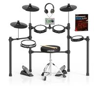 AKLOT Batteria elettrica multi-zona: 4 tamburi a rete silenziosa a doppio scatto, 360 suoni, kit da 10 utenti, piatti con choke, batteria elettronica con trono, cuffie, libro lezioni per principianti