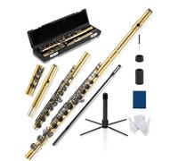 AKLOT Flauto da concerto in Do a foro chiuso: strumento flauto con 16 tasti, offset G, tasti lisci in nichel argento, cuscinetti ermetici, include elegante custodia rigida in pelle, kit di pulizia