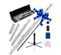AKLOT Flauto da concerto in Do a foro chiuso: strumento flauto con 16 tasti, offset G, tasti lisci placcati argento, cuscinetti ermetici, include elegante custodia rigida in pelle, kit di pulizia