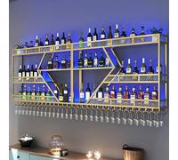 AKOGG Portabottiglie Da Parete Con Illuminazione LED,Scaffale Galleggiante In Metallo Per Vino E Champagne,Porta Bottiglie Di Vino Con Portabicchieri,Per Bar Cucina Soggiorno(3-layer Gold,300cm)