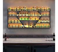 AKOGG Portabottiglie Da Parete Con Illuminazione LED,Scaffale Galleggiante In Metallo Per Vino E Champagne,Porta Bottiglie Di Vino Con Portabicchieri,Per Bar Cucina Soggiorno(4-layer Black,280cm)