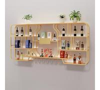 AKOGG Portabottiglie Da Parete In Metallo Con Supporto In Vetro E Porta Calici,Porta Bottiglie Di Vino,Scaffale Galleggiante Per Vino Con Illuminazione LED Per Cucina Bar Cantina(Gold,280cm(110in))