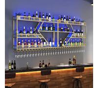 AKOGG Portabottiglie Da Parete Industriale Con Luce LED,Porta Bottiglie Di Vino Con Portabicchieri,Scaffale Galleggiante Per Vino E Champagne,Per Bar,Cucina,Soggiorno(3-layer Gold,300 * 20 * 86cm)