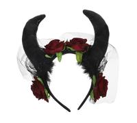 AKOOSY Fascia Halloween Corna Diavolo con Velo e Fiori Scarlatti Accessorio Capelli Leggero e Confortevole per Cosplay Festa e Shooting Fotografico