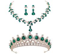 AKOOSY Set di Gioielli da Sposa Corona Verde con Cristalli Collana e Orecchini Pendenti per Donne Kit di Diademi Nuziali per Matrimoni e Feste Speciali