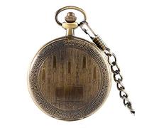 Akopiuto Orologio meccanico in bronzo Vento a mano Tasca da tavolo Plank Pattern Retro Vintage stile antico Ciondolo a molla Catena portachiavi per uomo Donna 1