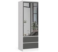 AKORD | Armadio con Specchio S | 60 cm Due Ante | 2 Cassetti con ripiani e Asta Appendiabiti | Mobiletto Cameretta Camera da Letto | Guardaroba | Pannello in laminato 16 mm | Bianco/grigio grafite