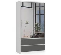 AKORD | Armadio con Specchio S | 90 cm Due Ante | 2 Cassetti con ripiani e Asta Appendiabiti | Mobiletto Cameretta Camera da Letto | Guardaroba | Pannello in laminato 16 mm | Bianco/Grigio Grafite