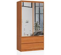 AKORD | Armadio con Specchio S | 90 cm Due Ante | 2 Cassetti con ripiani e Asta Appendiabiti | Mobiletto Cameretta Camera da Letto | Guardaroba | Pannello in laminato 16 mm | Ontano