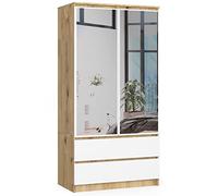 AKORD | Armadio con Specchio S | 90 cm Due Ante | 2 Cassetti con ripiani e Asta Appendiabiti | Mobiletto Cameretta Camera da Letto | Guardaroba | Pannello in laminato 16 mm | Rovere Artigianale Bianco