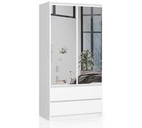 AKORD | Armadio con Specchio S | 90 cm Due Ante | 2 Cassetti con ripiani e Asta Appendiabiti | Mobiletto Cameretta Camera da Letto | Guardaroba | Pannello in laminato 16 mm | Bianco