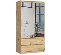 AKORD | Armadio con Specchio S | 90 cm Due Ante | 2 Cassetti con ripiani e Asta Appendiabiti | Mobiletto Cameretta Camera da Letto | Guardaroba | Pannello in laminato 16 mm | Rovere Artigianale