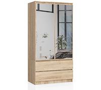 AKORD | Armadio con Specchio S | 90 cm Due Ante | 2 Cassetti con ripiani e Asta Appendiabiti | Mobiletto Cameretta Camera da Letto | Guardaroba | Pannello in laminato 16 mm | Rovere/Sonoma