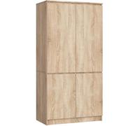 AKORD Armadio Guardaroba S90, 4 Ante, 4 Ripiani e Asta Appendiabiti, Mobile per Camera da Letto e Ufficio, Laminato, 90x51x180 cm, Rovere Sonoma