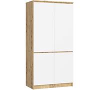 AKORD Armadio Guardaroba S90, 4 Ante, 4 Ripiani e Asta Appendiabiti, Mobile per Camera da Letto e Ufficio, Laminato, 90x51x180 cm, Rovere Artigianale & Bianco