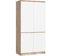 AKORD Armadio Guardaroba S90, 4 Ante, 4 Ripiani e Asta Appendiabiti, Mobile per Camera da Letto e Ufficio, Laminato, 90x51x180 cm, Rovere Sonoma & Bianco