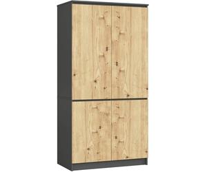 AKORD Armadio Guardaroba S90, 4 Ante, 4 Ripiani e Asta Appendiabiti, Mobile per Camera da Letto e Ufficio, Laminato, 90x51x180 cm, Grigio Grafite & Rovere Artigianale