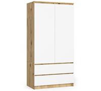 AKORD | Armadio STAR S | 90 cm Due Ante | 2 Cassetti con ripiani e Asta Appendiabiti | Mobiletto Cameretta Camera da Letto | Guardaroba | Pannello in laminato 16 mm | Rovere Artigianale | Bianco
