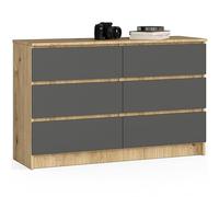 AKORD | Cassettiera K-120 con 6 (2 x 3) Cassetti | Moderna Mobiletto per Soggiorno Sala da Pranzo Camera da Letto Corridoio Bagno | Armadio Cameretta | 120x77x40 cm | Peso 43kg | Rovere artigianale