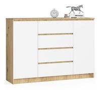 AKORD Cassettiera K 140 cm 4 Cassetti e 2 Ante | Moderna Mobiletto per Soggiorno Sala da Pranzo Camera da Letto Corridoio Bagno | Armadio Cameretta | Piano Laminato | Rovere Artisan | Bianco