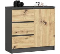 AKORD | Cassettiera K-80 JERRY con 3 Cassetti | Armadio Cameretta con 2 Ripiani e 1 Anta | Moderna Mobiletto per Soggiorno | Moderno | 80x77x35 cm | Grigio Grafite + Frontale Rovere Artisan