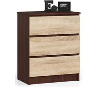 AKORD Cassettiera K60 con 3 Cassetti | Credenza Alta | Moderna Mobiletto per Soggiorno Sala da Pranzo Camera da Letto Corridoio Bagno | Armadio Cameretta | 60x77x40 cm 25 kg Wenge/Rovere Sonoma