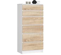 AKORD Cassettiera K60 con 6 Cassetti | Credenza Alta | Moderna Mobiletto per Soggiorno Sala da Pranzo Camera da Letto Corridoio Bagno | Armadio Cameretta | 60x130x40 cm, 43kg | Bianco/Rovere Sonoma