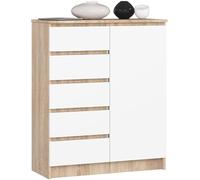 AKORD Cassettiera K80 con 1 Anta e 5 Cassetti | Mobiletti Ingresso Bagno | Armadio Cameretta | Comodino | Design moderno | 80x35x97 cm | Quercia Sonoma & Bianco