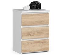 AKORD | Comodino CL-3 con 3 Cassetti | per il soggiorno, la camera da letto, il guardaroba, l'ufficio e lo studio | Design moderno e funzionale | 35 x 40 x 57 cm, 26 kg | Blanc | Chêne Sonoma