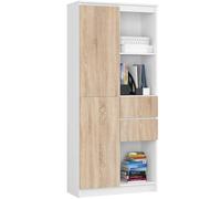AKORD Libreria R15 con Cassetti e Sportelli - 80 cm Larghezza - 7 Ripiani, 2 Ante, 2 Cassetti - Mobile Versatile per Ufficio e Casa - Ideale per Piccoli Spazi - 80x180x35 cm - Bianco & Rovere Sonoma