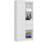 AKORD Libreria R15 con Cassetti e Sportelli - 80 cm Larghezza - 7 Ripiani, 2 Ante, 2 Cassetti - Mobile Versatile per Ufficio e Casa - Ideale per Piccoli Spazi - 80x180x35 cm - Bianco & Bianco Lucido