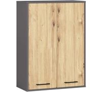 AKORD Mobiletto Bagno Sospeso FIN 64 cm - 2 Ante, 4 Ripiani - Pensile Bagno Salvaspazio Opaco 64x94x30 cm - Armadietto Modulare Sospeso per Spazi Stretti - Grigio Grafite & Rovere Artigianale