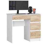 AKORD | Scrivania A-7 | 4 Cassetti | Office Desk | Scrittoio per Ufficio | Per Computer PC Laptop | Al lavoro | A casa | 50x90x77 cm | Bianco|Rovere di Sonoma