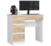 AKORD | Scrivania A-7 | 4 Cassetti | Office Desk | Scrittoio per Ufficio | Per Computer PC Laptop | Al lavoro | A casa | 50x90x77 cm | Bianco|Rovere di Sonoma