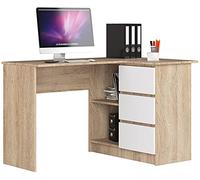 AKORD Scrivania ad Angolo B-16 con 3 Cassetti e 2 Ripiani | Scrivania ad Angolo per Ufficio in Casa | L124 x H77 x P85, 48 kg | Rovere Sonoma & Bianco Frontale