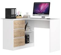 AKORD Scrivania ad Angolo B-16 con 3 Cassetti e 2 Ripiani | Scrivania Computer| Scrittoio | Scrivania ad angolo per l'ufficio in casa | Montaggio facile | 124x77X85 CM | 48 kg Bianco/Rovere Sonoma