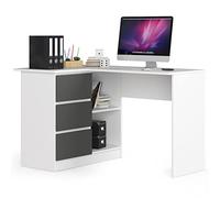 AKORD Scrivania ad Angolo B-16 con 3 Cassetti e 2 Ripiani | Scrivania Computer| Scrittoio | Scrivania ad angolo per l'ufficio in casa | Montaggio facile | 124x77x85 cm | 48 kg Bianco | Grigio grafite