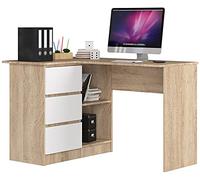 AKORD Scrivania ad Angolo B-16 con 3 Cassetti e 2 Ripiani | Scrivania Computer| Scrittoio | Scrivania ad angolo per l'ufficio in casa | Montaggio facile | 124x77X85 CM | 48 kg Rovere Sonoma/Bianco