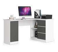AKORD Scrivania ad Angolo B-20 | 3 cassetti, 2 Ripiani e un Ripiano con Anta | Scrivania ad angolo per l'ufficio in casa | 155x77x85 | 60 kg | Bianco & Grigio Grafite Frontale