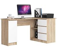 AKORD Scrivania ad Angolo B-20 | 3 cassetti, 2 Ripiani e un Ripiano con Anta | Scrivania ad angolo per l'ufficio in casa | 155x77x85 | 60 kg | Rovere Sonoma & Bianco Frontale