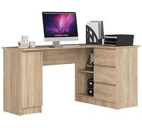 AKORD Scrivania ad Angolo B-20 | 3 cassetti, 2 Ripiani e un Ripiano con Anta | Scrivania ad angolo per l'ufficio in casa | 155x77x85 | 60 kg | Rovere Sonoma