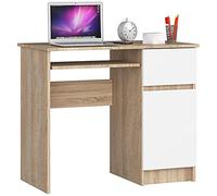 AKORD | Scrivania con Ripiano per Tastiera | Office Desk | Cassetto e Armadietto Sul Lato Destro | Scrittoio per Ufficio | Per Computer PC Laptop | 90x77x50 cm | 30 kg Rovere Sonoma/bianco