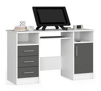 AKORD | Scrivania per PC Ana con Ripiano Per Tastiera | Scrivania per ufficio | Tavolo per computer | 3 cassetti | L124 x A74 x P52 cm, 45 kg | Bianco/grigio grafite