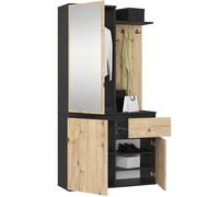 AKORD Set Guardaroba ENTRO 95 cm - Mobile Da Ingresso Moderno 3 Ante 1 Cassetto 7 Ripiani - Mobile Entrata Ingresso con Scarpiera e Appendiabiti - Arredo per Corridoi - Nero & Rovere-Artigianale