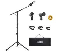 AKOZLIN Asta per microfono, supporto per treppiede, pieghevole, braccio estensibile, regolabile a 360° e altezza, include 2 supporti per microfono, custodia, supporto, ideale per officine, vite,