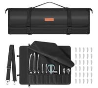 AKOZLIN Borsa arrotolabile per coltelli da chef, con 10 scomparti e 1 grande tasca con cerniera, in tela cerata, portatile, con tracolla regolabile e 30 protezioni per punte dei coltelli, nero, Nero