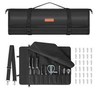 AKOZLIN Borsa arrotolabile per coltelli da chef, con 10 scomparti e 1 grande tasca con cerniera, in tela cerata, portatile, con tracolla regolabile e 30 protezioni per punte dei coltelli, nero, Nero